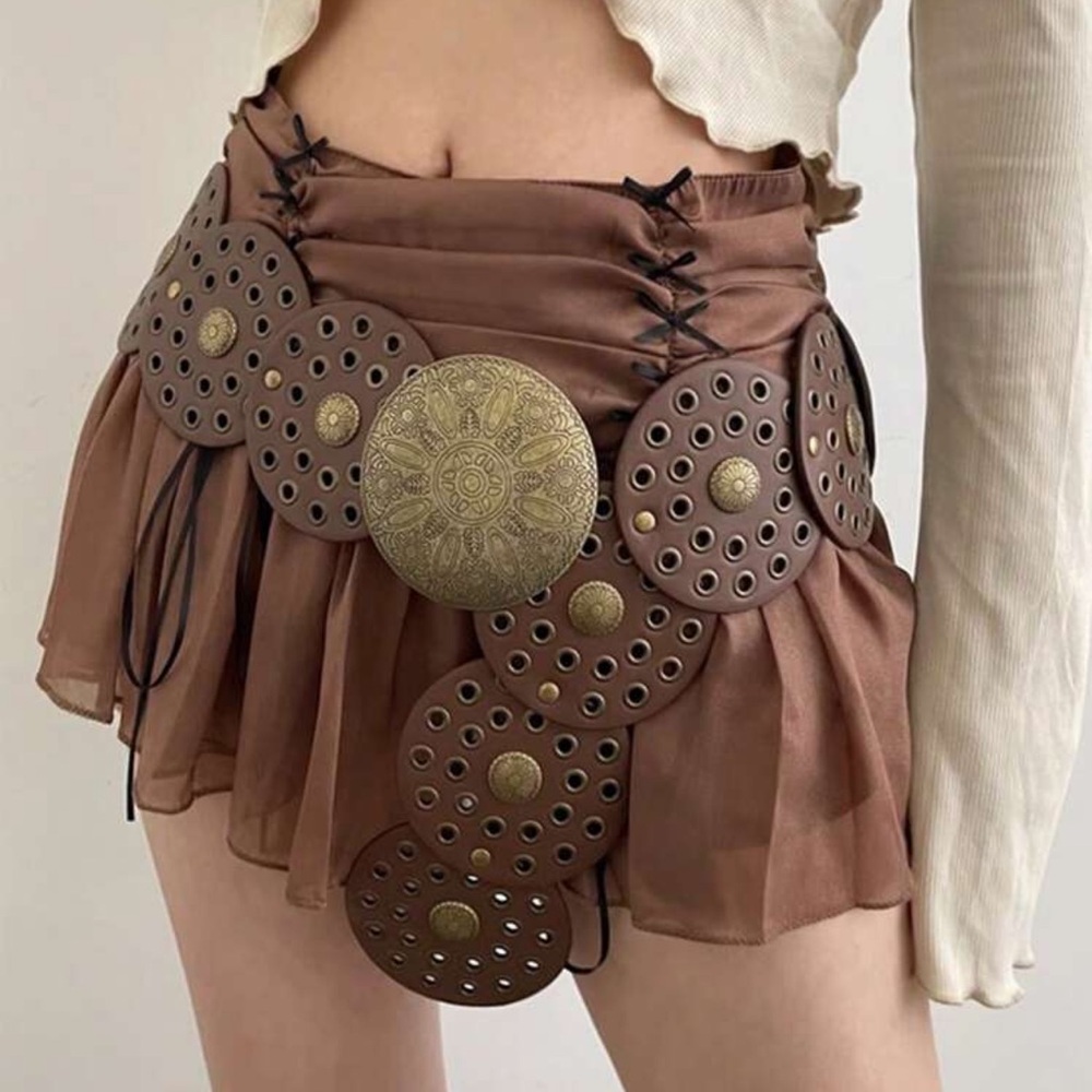 Boho Brown Gold Vegan Leather Grommet Statement Round Disc Buckle Wide Belt